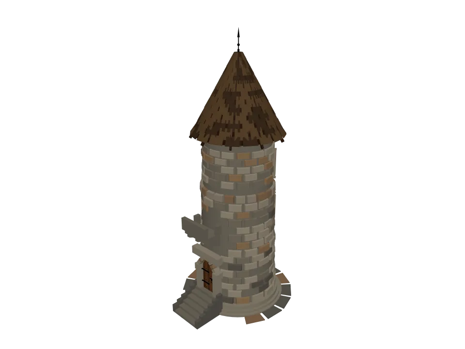 Grok 4.7: Stone watchtower. A small medieval stone watchtower with a wooden door, arrow slits, and a conical roof.