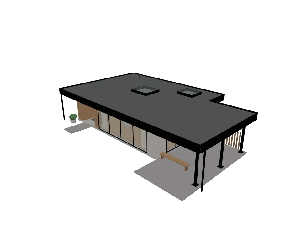Grok 4.7: Modern house. A modern single-story house with flat roof, large windows, and an attached carport.