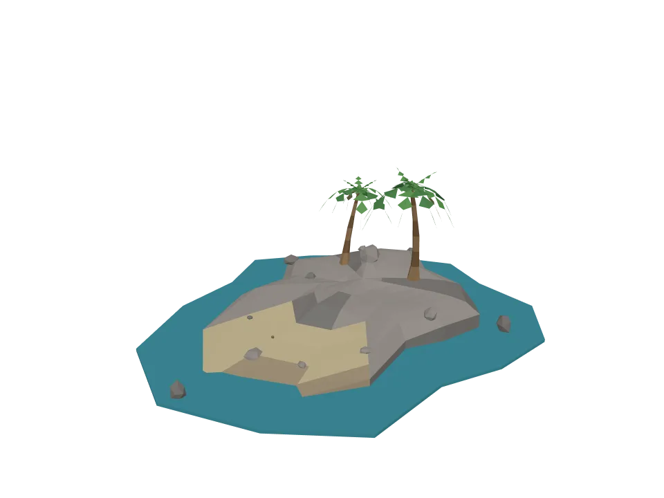Grok 4.7: Island scene. A low-poly island scene: small rocky island with two palm trees and a sandy beach.